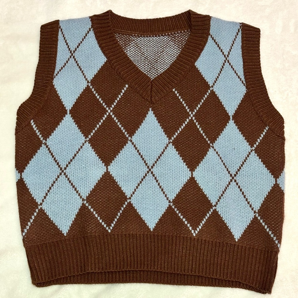 Shein Brown and Blue Argyle Sweater Vest - Size M